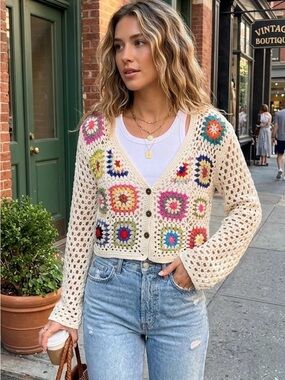 debut Cream Crochet Cardigan with Multicolor Floral Motifs